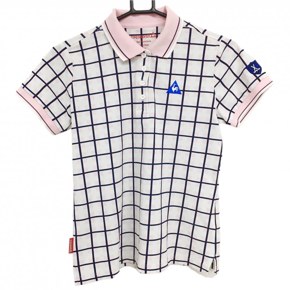 【美品】ルコックゴルフ 半袖ポロシャツ ピンク×ネイビー×白 格子  レディース L ゴルフウェア le coq sportif