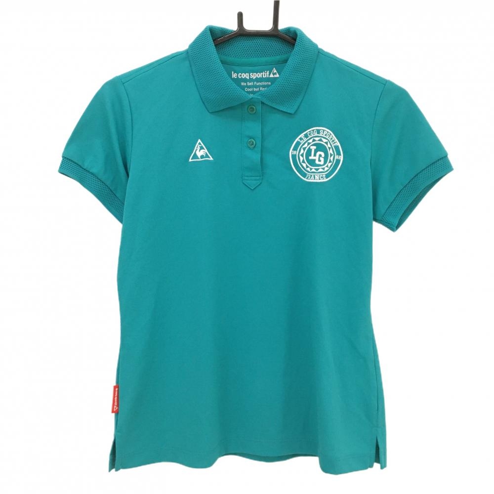 【美品】ルコックゴルフ 半袖ポロシャツ ブルーグリーン ロゴ白 襟・袖口メッシュ レディース M ゴルフウェア le coq sportif