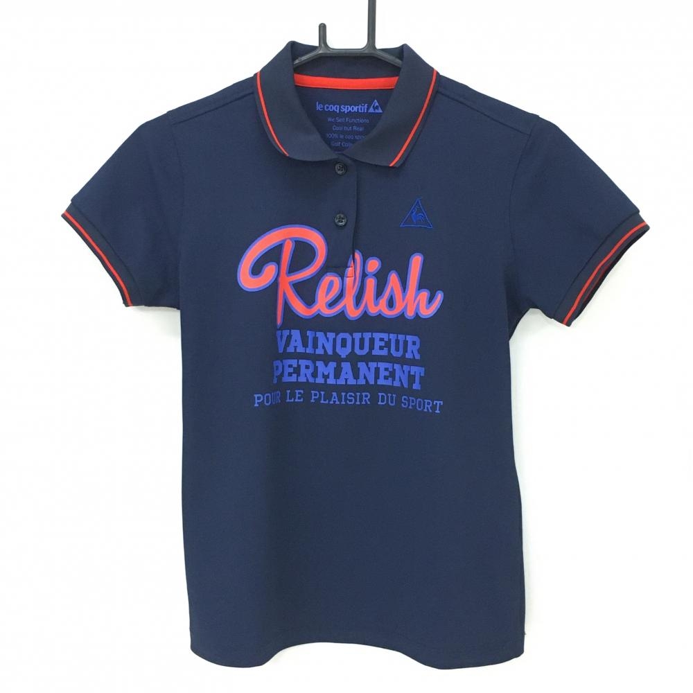 【美品】ルコック 半袖ポロシャツ ネイビー×オレンジ フロントプリント 袖口・襟ライン レディース M ゴルフウェア le coq sportif