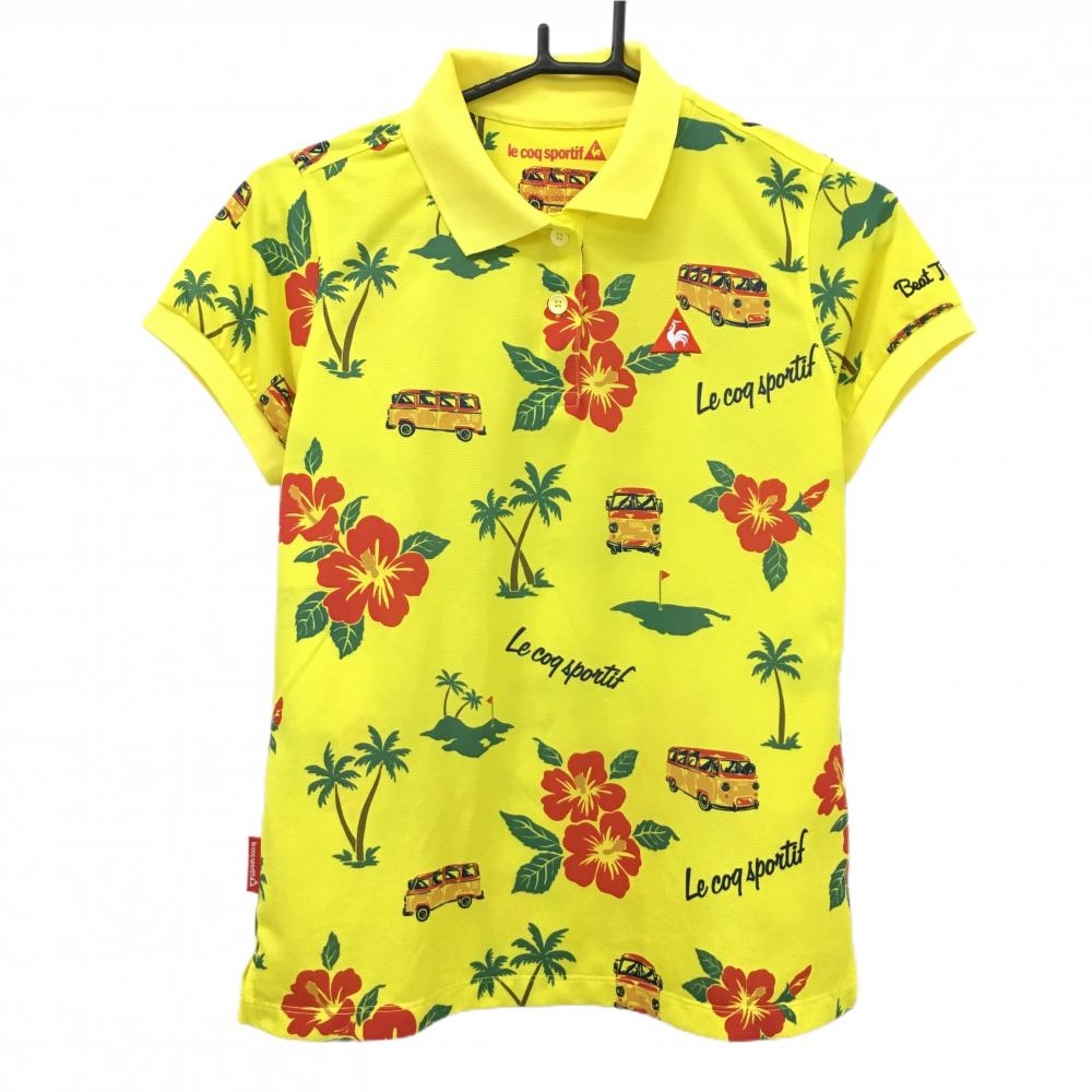 【超美品】ルコックゴルフ 半袖ポロシャツ イエロー×レッド 総柄 ハイビスカス バス レディース L ゴルフウェア le coq sportif