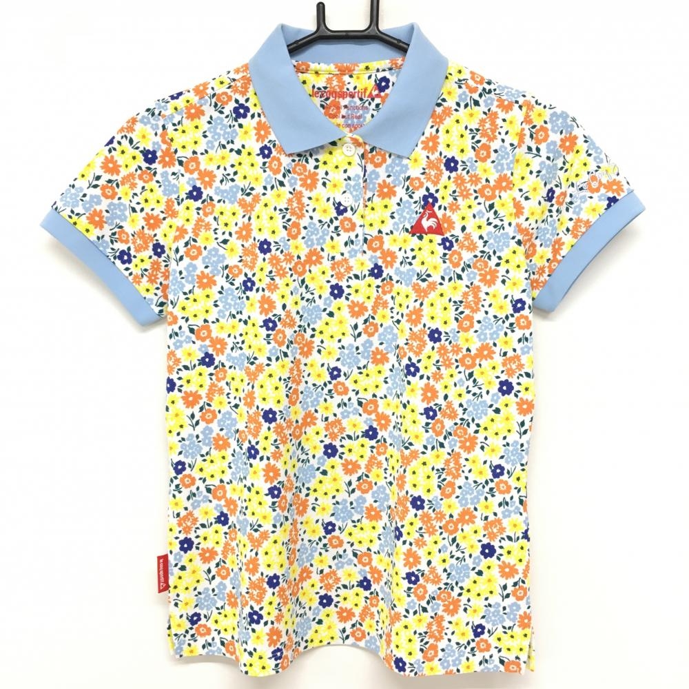 ルコック 半袖ポロシャツ ライトブルー×イエロー 小花総柄  レディース M ゴルフウェア le coq sportif