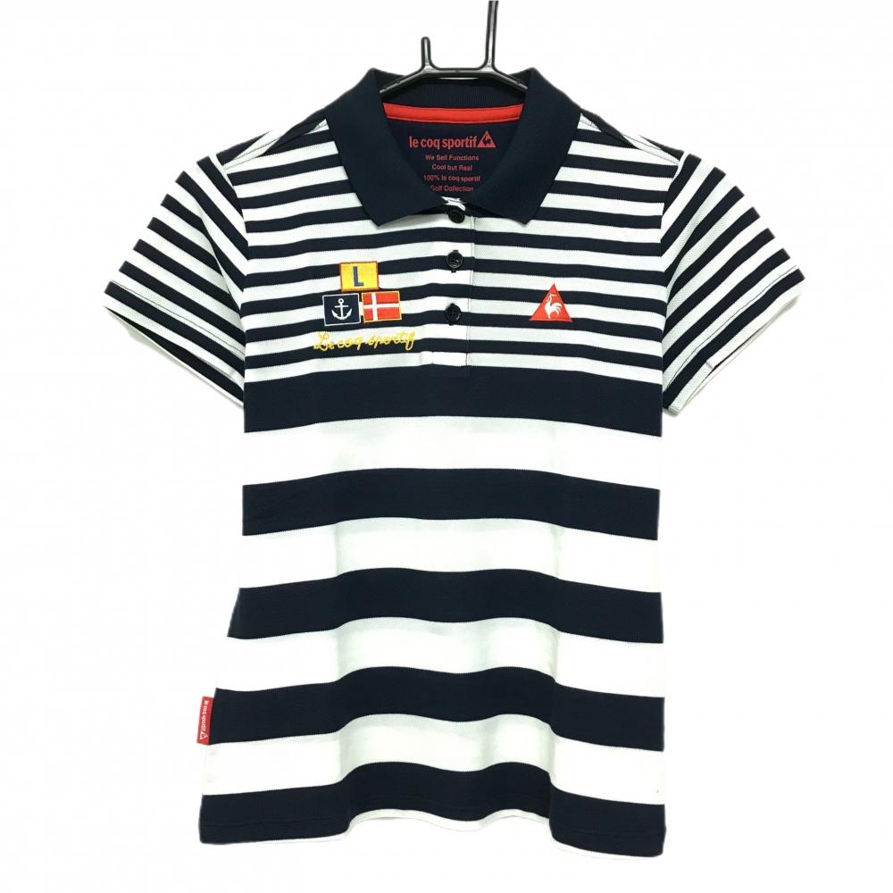 ルコックゴルフ 半袖ポロシャツ 白×ネイビー ボーダー 胸ロゴ レディース (M) ゴルフウェア le coq sportif