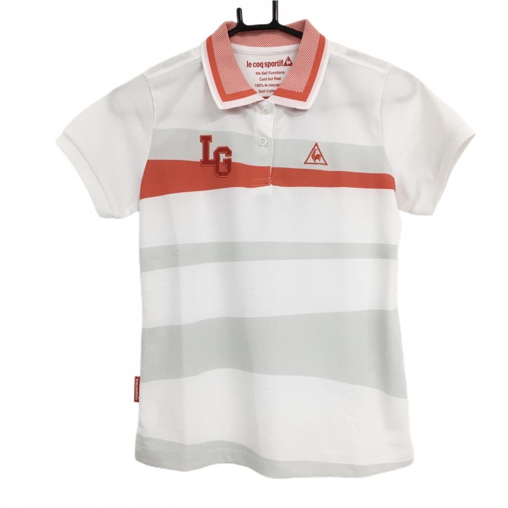 【新品】ルコックゴルフ 半袖ポロシャツ 白×ライトグレー×レッド 身頃ボーダー風 UPF30 レディース M ゴルフウェア le coq sportif