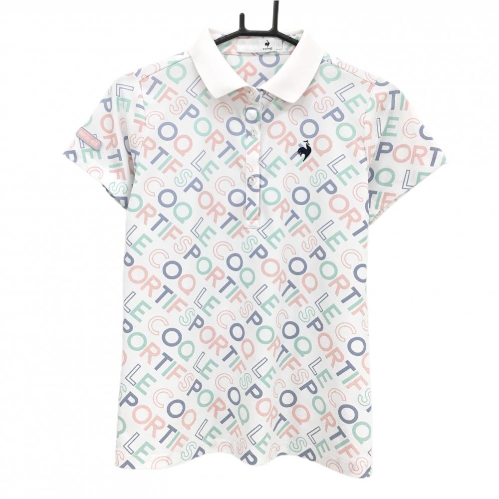 【超美品】ルコックゴルフ 半袖ポロシャツ 白×ピンク×ミントグリーン 英字総柄 レディース L ゴルフウェア 2023年モデル le coq sportif