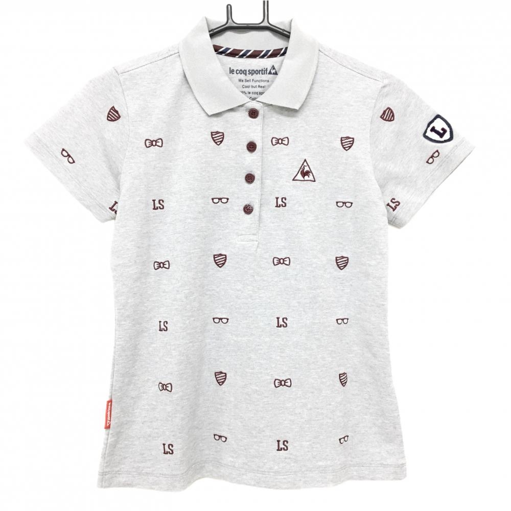 【超美品】ルコックゴルフ 半袖ポロシャツ グレー×ブラウン 総柄 リボン ロゴ刺しゅう レディース M ゴルフウェア le coq sportif