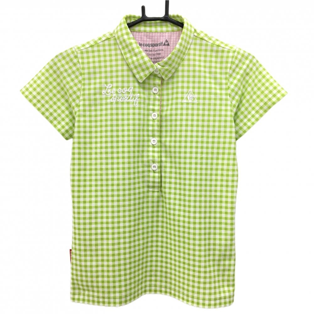 【超美品】ルコックゴルフ 半袖ポロシャツ イエローグリーン×白 ギンガムチェック レディース M ゴルフウェア le coq sportif