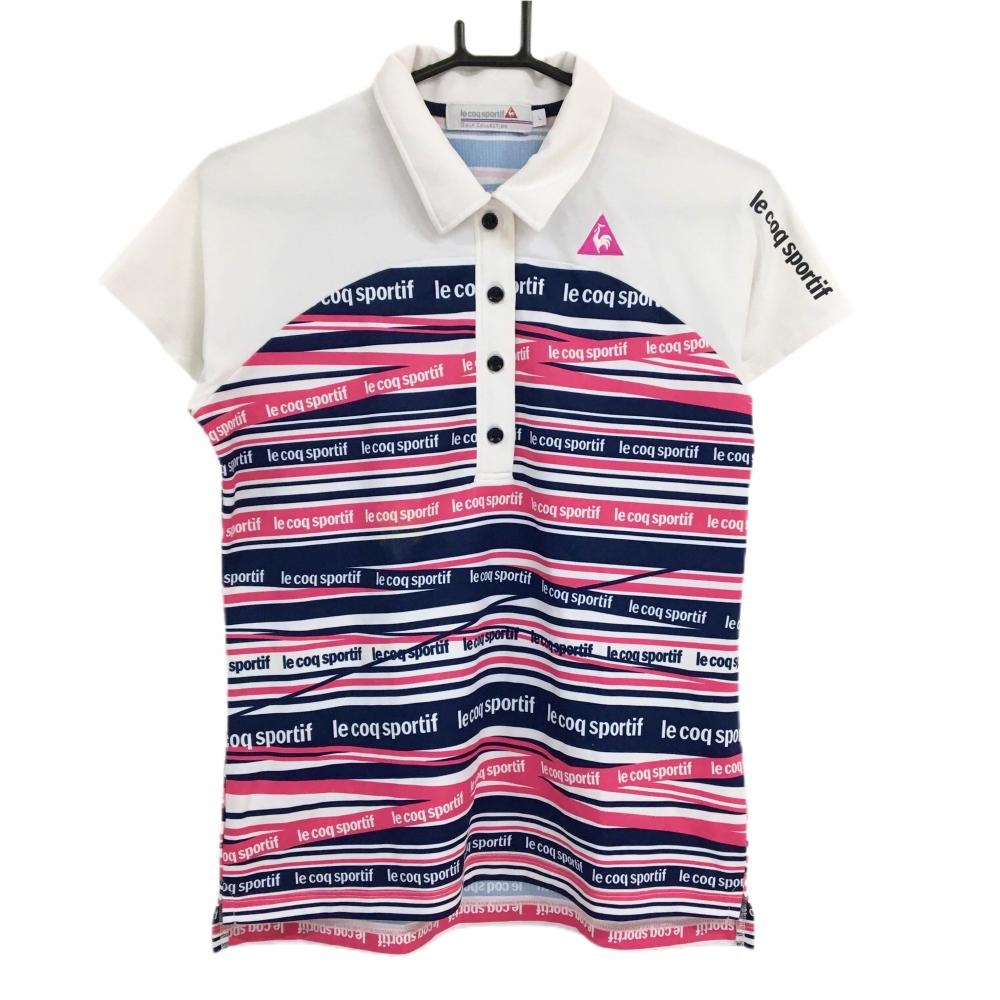 ルコックゴルフ 半袖ポロシャツ 白×ネイビー×ピンク 身頃ボーダー風 ロゴ レディース L ゴルフウェア le coq sportif