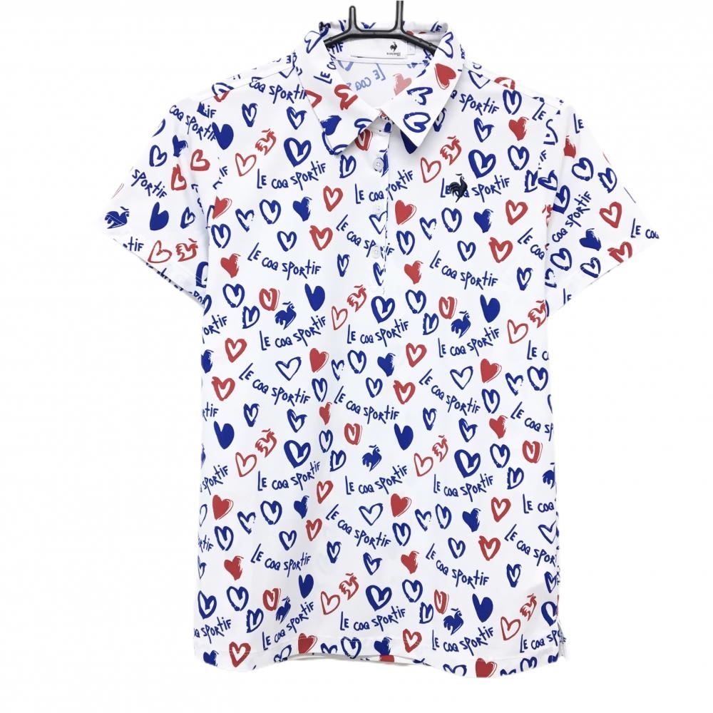 【超美品】ルコックゴルフ 半袖ポロシャツ 白×ブルー×レッド 総柄 レディース L ゴルフウェア 2024年モデル le coq sportif