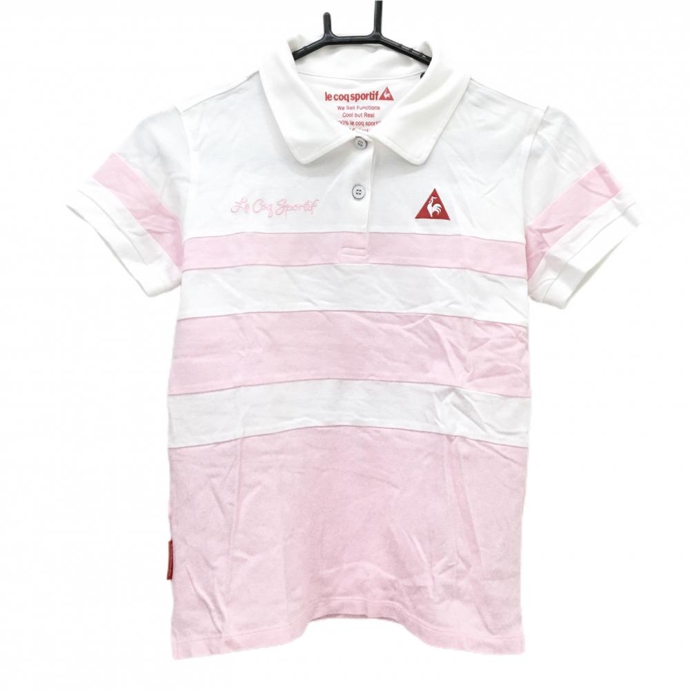 【美品】ルコックゴルフ 半袖ポロシャツ ピンク×白 一部ボーダー ロゴレッド 毛羽立ち小 レディース M ゴルフウェア le coq sportif