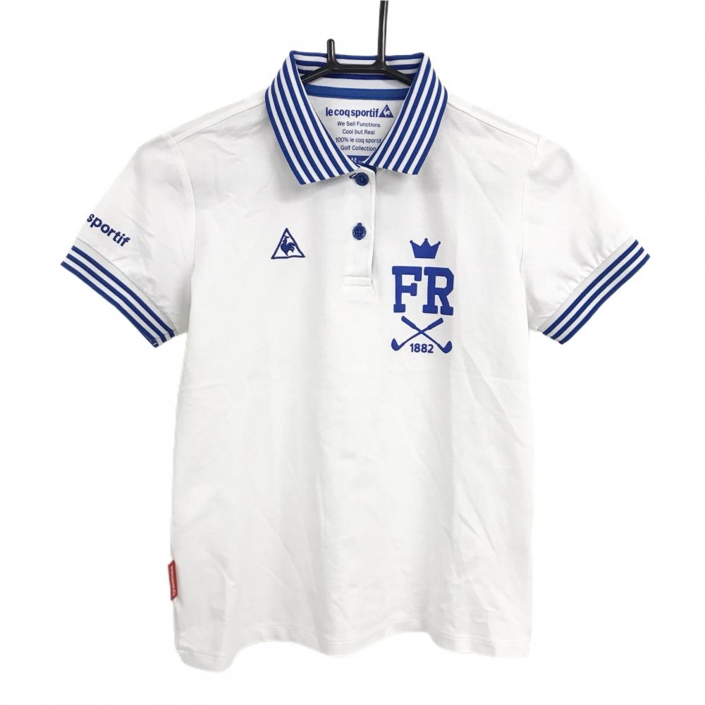 ルコックゴルフ 半袖ポロシャツ 白×ブルー 襟・袖口ボーダー ロゴ刺しゅう レディース M ゴルフウェア le coq sportif