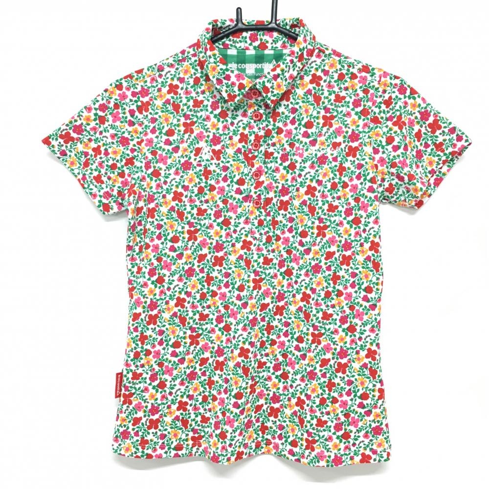 【超美品】ルコックゴルフ 半袖ポロシャツ 白×レッド 花柄 ロゴ刺しゅう レディース M ゴルフウェア le coq sportif