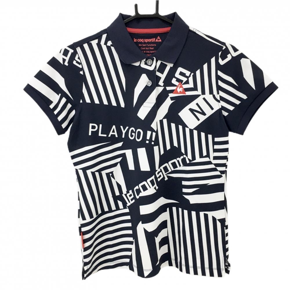 【超美品】ルコックゴルフ 半袖ポロシャツ ネイビー×白 総柄 ロゴ レディース L ゴルフウェア le coq sportif