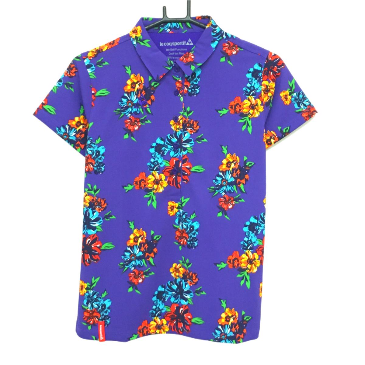 【美品】ルコックゴルフ 半袖ポロシャツ パープル×オレンジ 花柄 UPF50  レディース L ゴルフウェア le coq sportif
