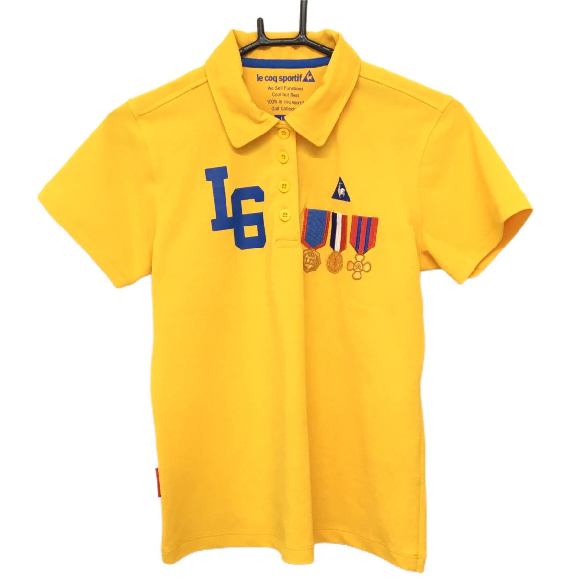 【超美品】ルコックゴルフ 半袖ポロシャツ イエロー×ブルー メダルワッペン レディース L ゴルフウェア le coq sportif