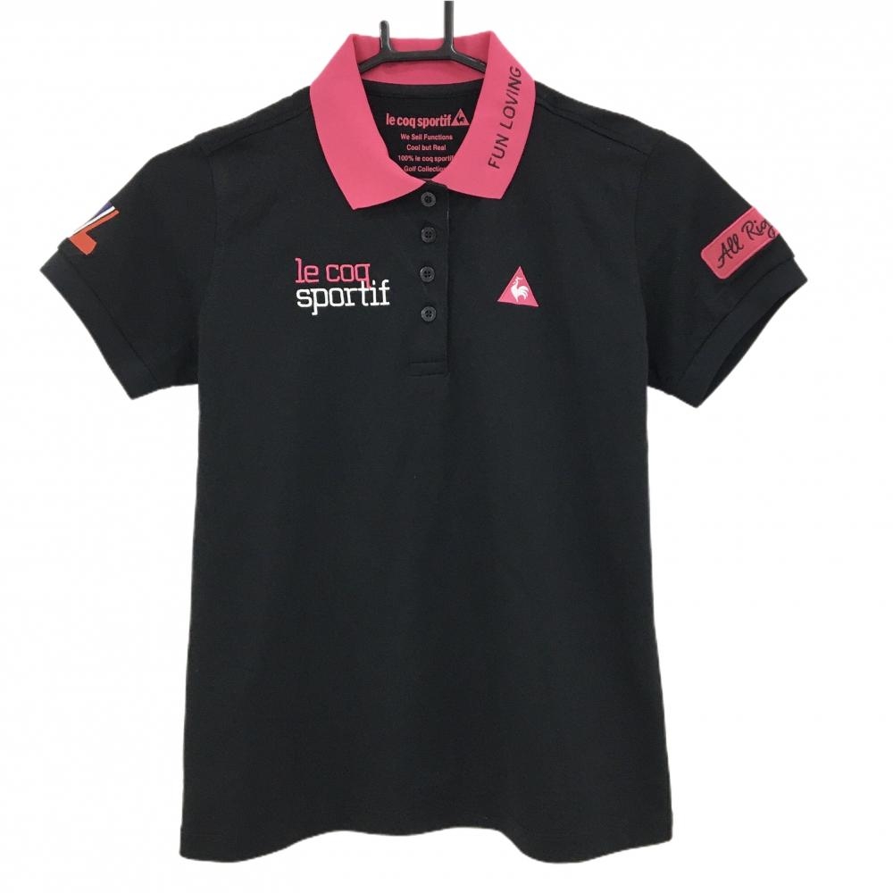 【美品】ルコックゴルフ 半袖ポロシャツ 黒×ピンク 袖ロゴ刺しゅう レディース M ゴルフウェア le coq sportif