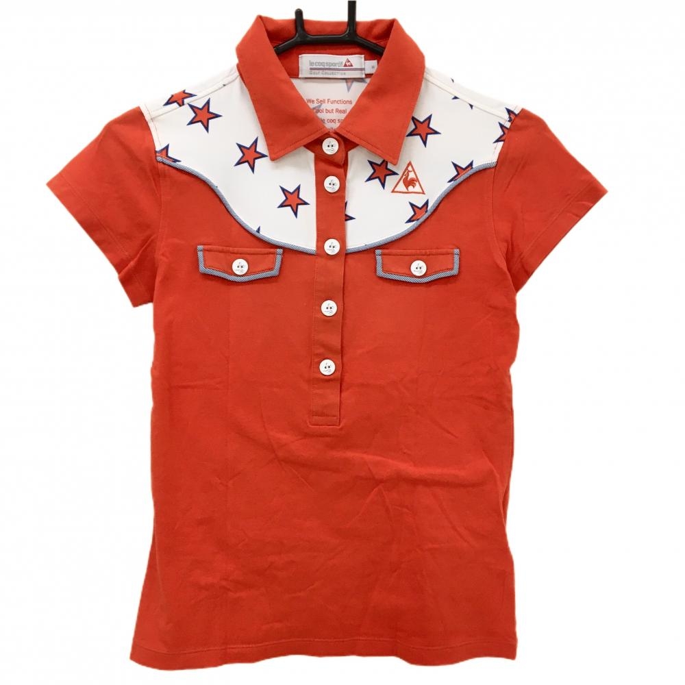 ルコックゴルフ 半袖ポロシャツ オレンジレッド×白 一部星柄 ロゴ刺しゅう レディース M ゴルフウェア le coq sportif