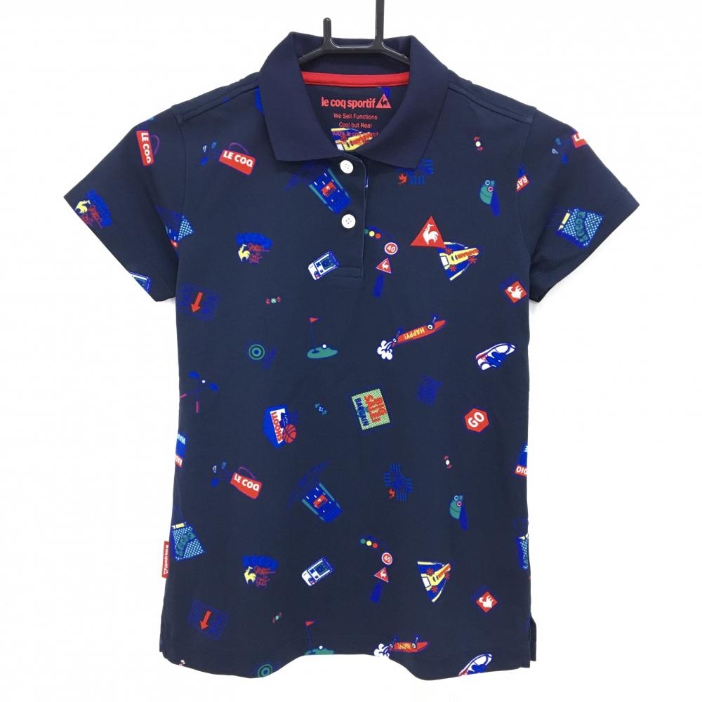 【超美品】ルコックゴルフ 半袖ポロシャツ ネイビー×マルチカラー 総柄  レディース S ゴルフウェア le coq sportif