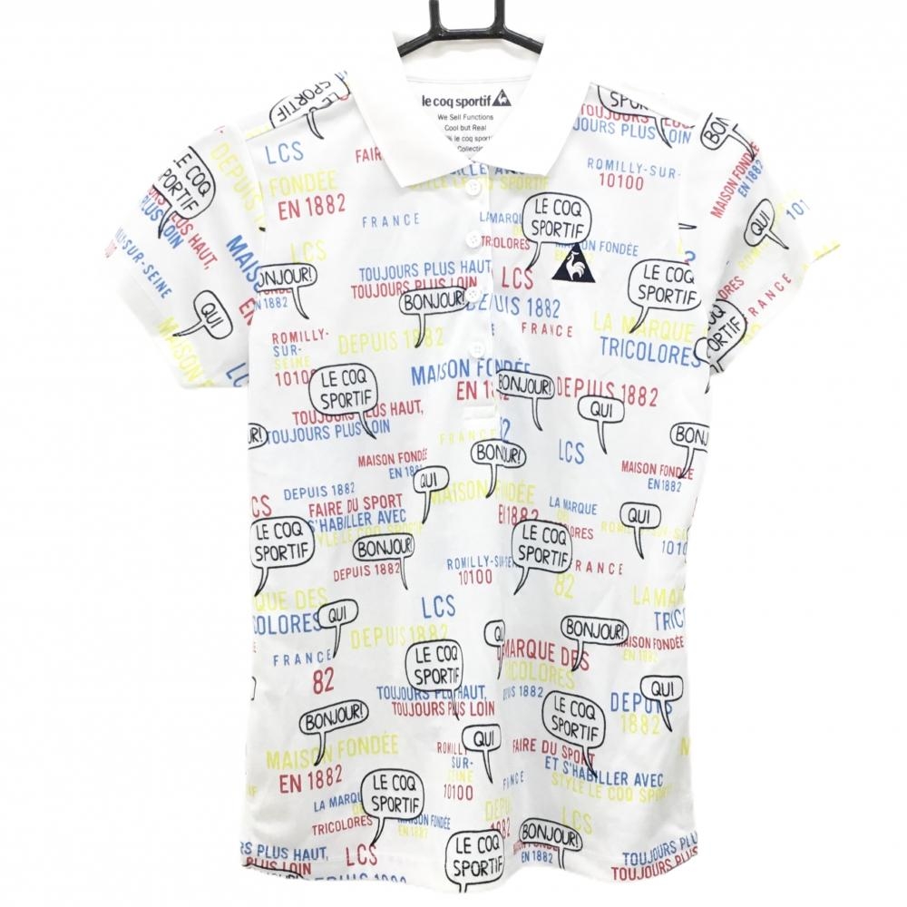 【超美品】ルコックゴルフ 半袖ポロシャツ 白×マルチカラー 英字総柄 ロゴ刺しゅう レディース L ゴルフウェア le coq sportif