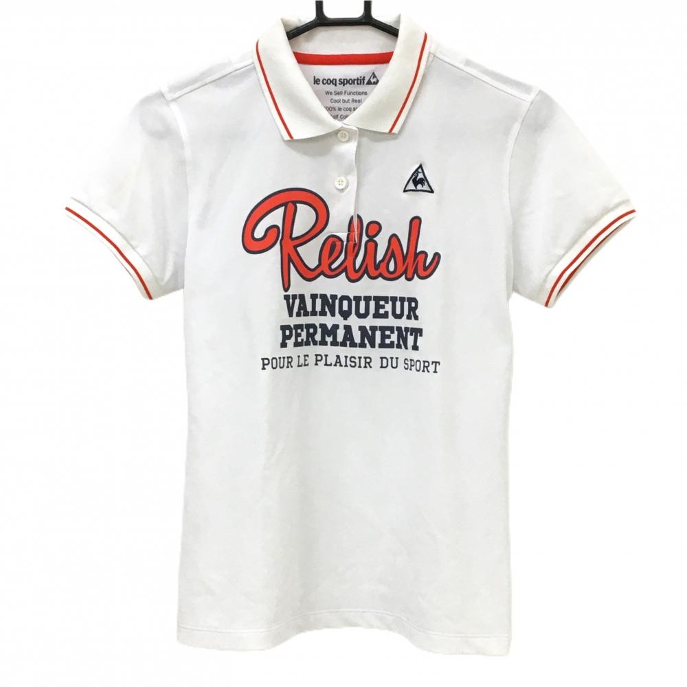 ルコックゴルフ 半袖ポロシャツ 白×レッド 襟縁・袖口ライン プリント  レディース L ゴルフウェア le coq sportif