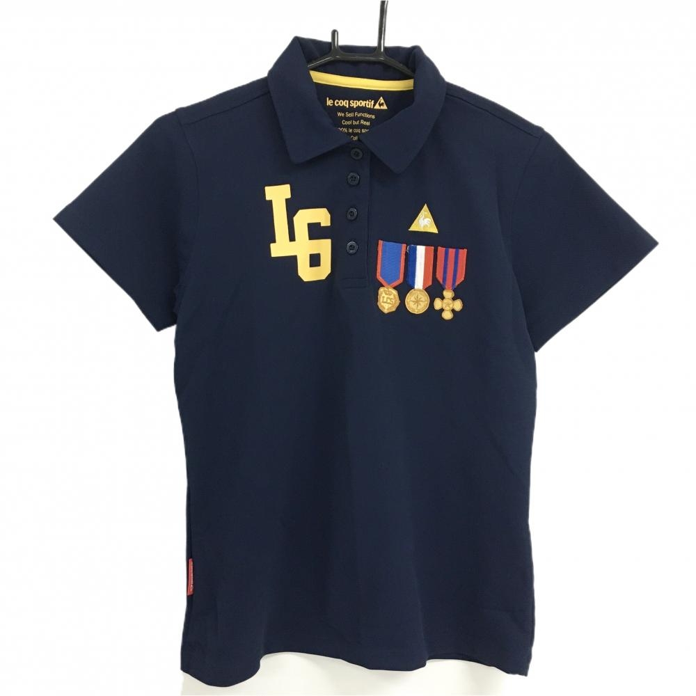 【美品】ルコック 半袖ポロシャツ ネイビー×イエロー 胸元勲章 ロゴ刺しゅう レディース LL ゴルフウェア le coq sportif