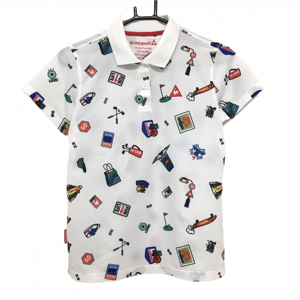 ルコックゴルフ 半袖ポロシャツ 白×マルチカラー 総柄 ロゴ刺しゅう レディース L ゴルフウェア le coq sportif