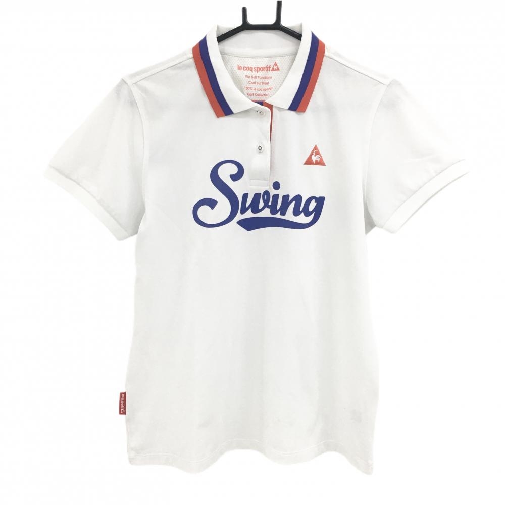 ルコックゴルフ 半袖ポロシャツ 白×レッド×ネイビー系 フロントロゴプリント レディース LL ゴルフウェア le coq sportif