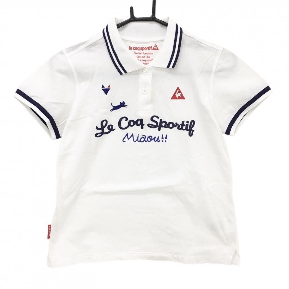 ルコックゴルフ 半袖ポロシャツ 白×ネイビー 猫刺しゅう フロントロゴ レディース M ゴルフウェア le coq sportif