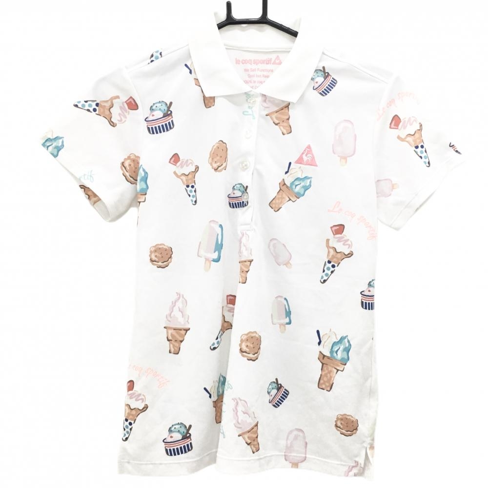 【美品】ルコックゴルフ 半袖ポロシャツ 白×マルチカラー アイスクリーム総柄 レディース L ゴルフウェア le coq sportif