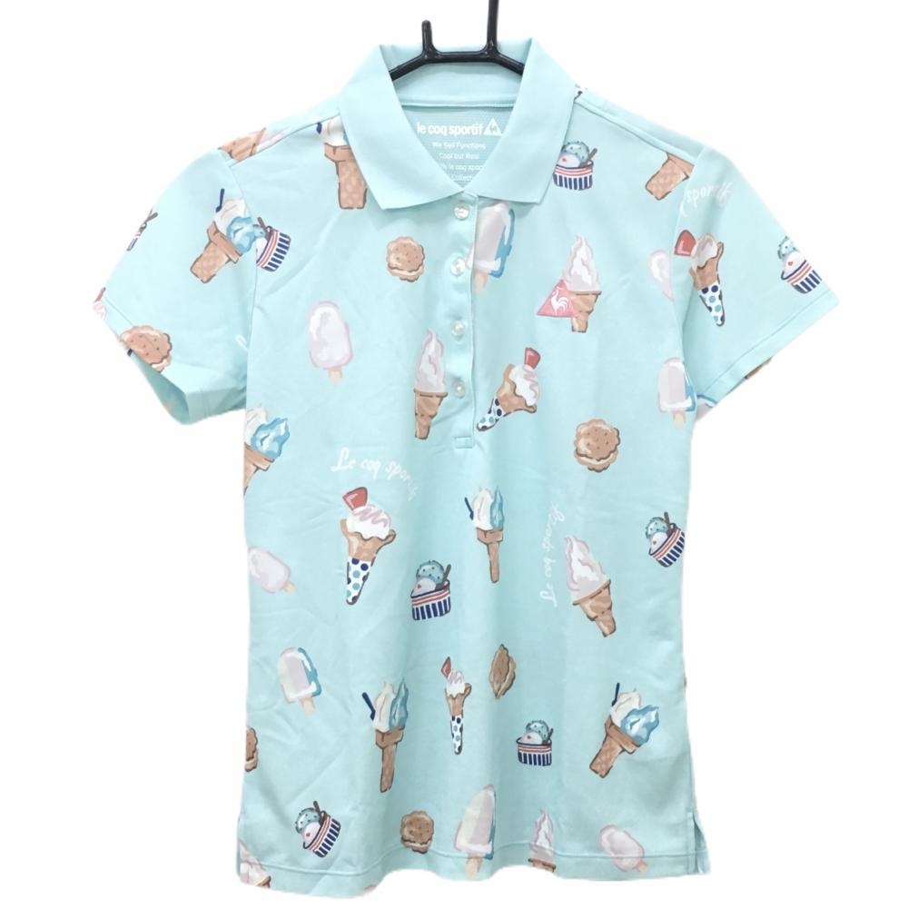 【超美品】ルコックゴルフ 半袖ポロシャツ ライトブルー×マルチカラー アイスクリーム総柄 レディース L ゴルフウェア le coq sportif