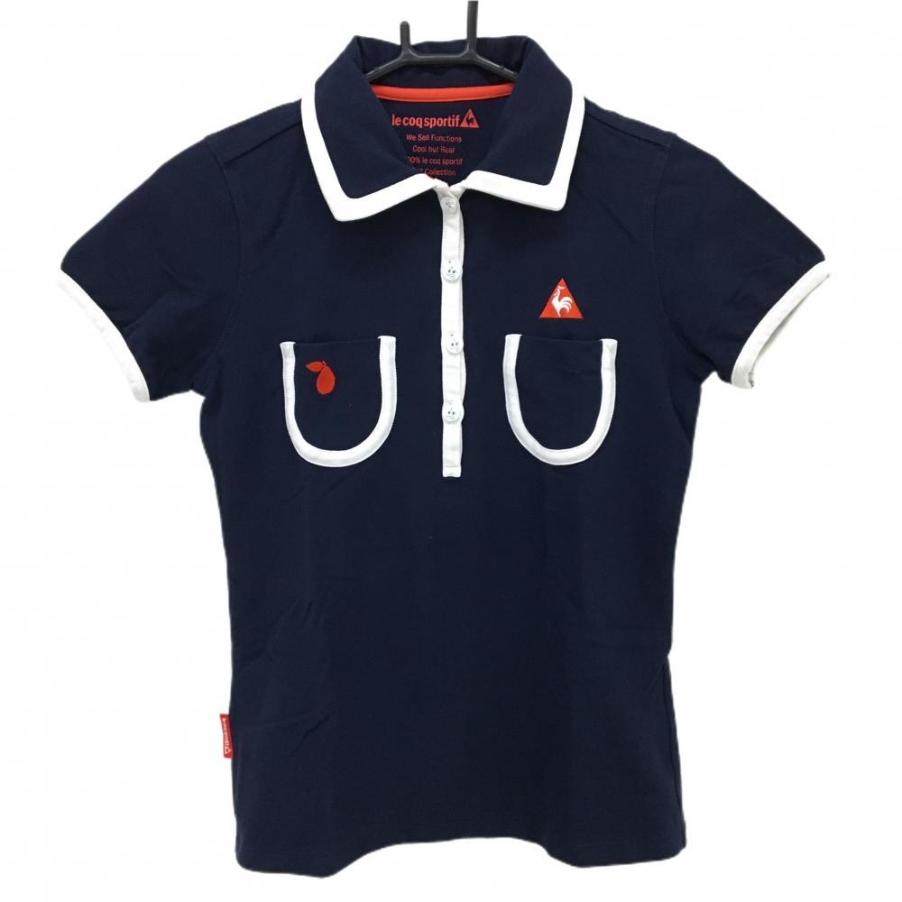 【美品】ルコックゴルフ 半袖ポロシャツ ネイビー×白 パイピング  レディース M ゴルフウェア le coq sportif