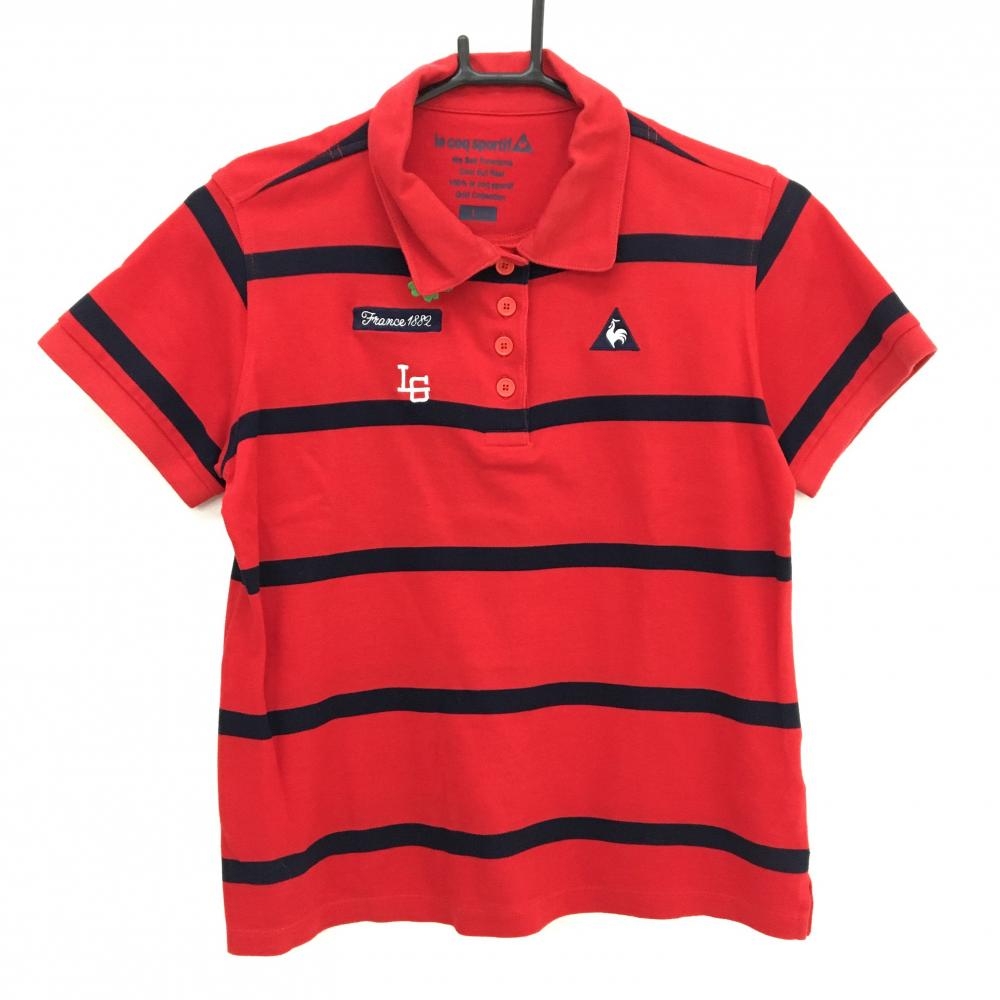 ルコックゴルフ 半袖ポロシャツ レッド×ネイビー ボーダー クローバー刺しゅう レディース L ゴルフウェア le coq sportif