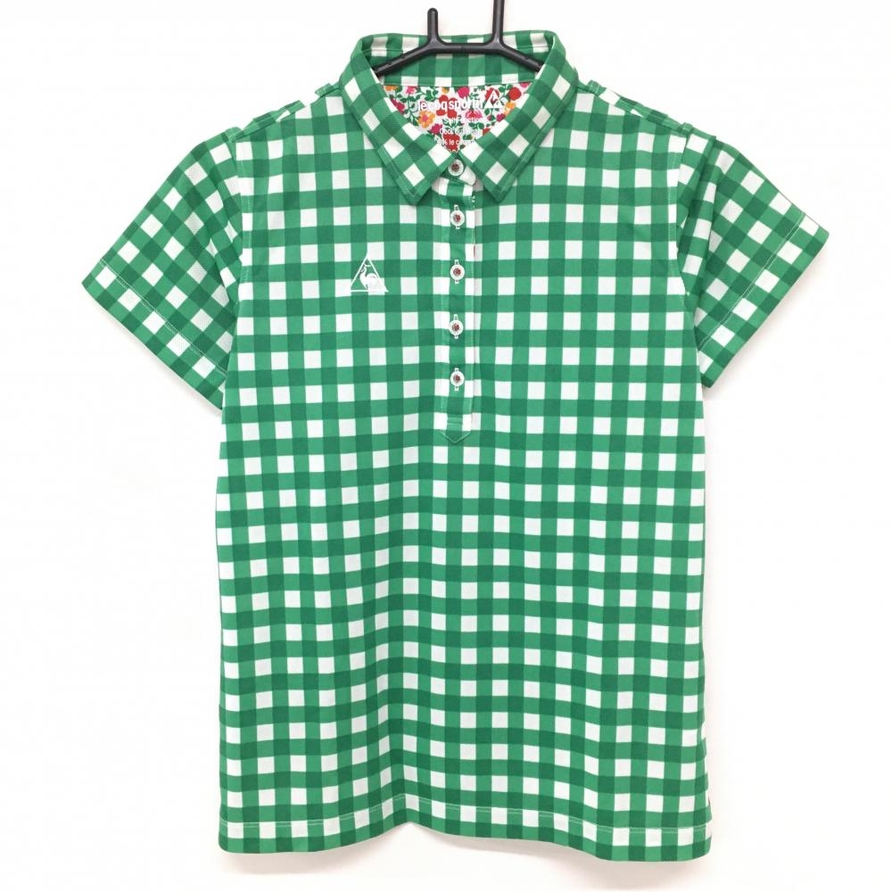 【超美品】ルコックゴルフ 半袖ポロシャツ グリーン×白 ギンガムチェック ロゴ刺しゅう  レディース L ゴルフウェア le coq sportif