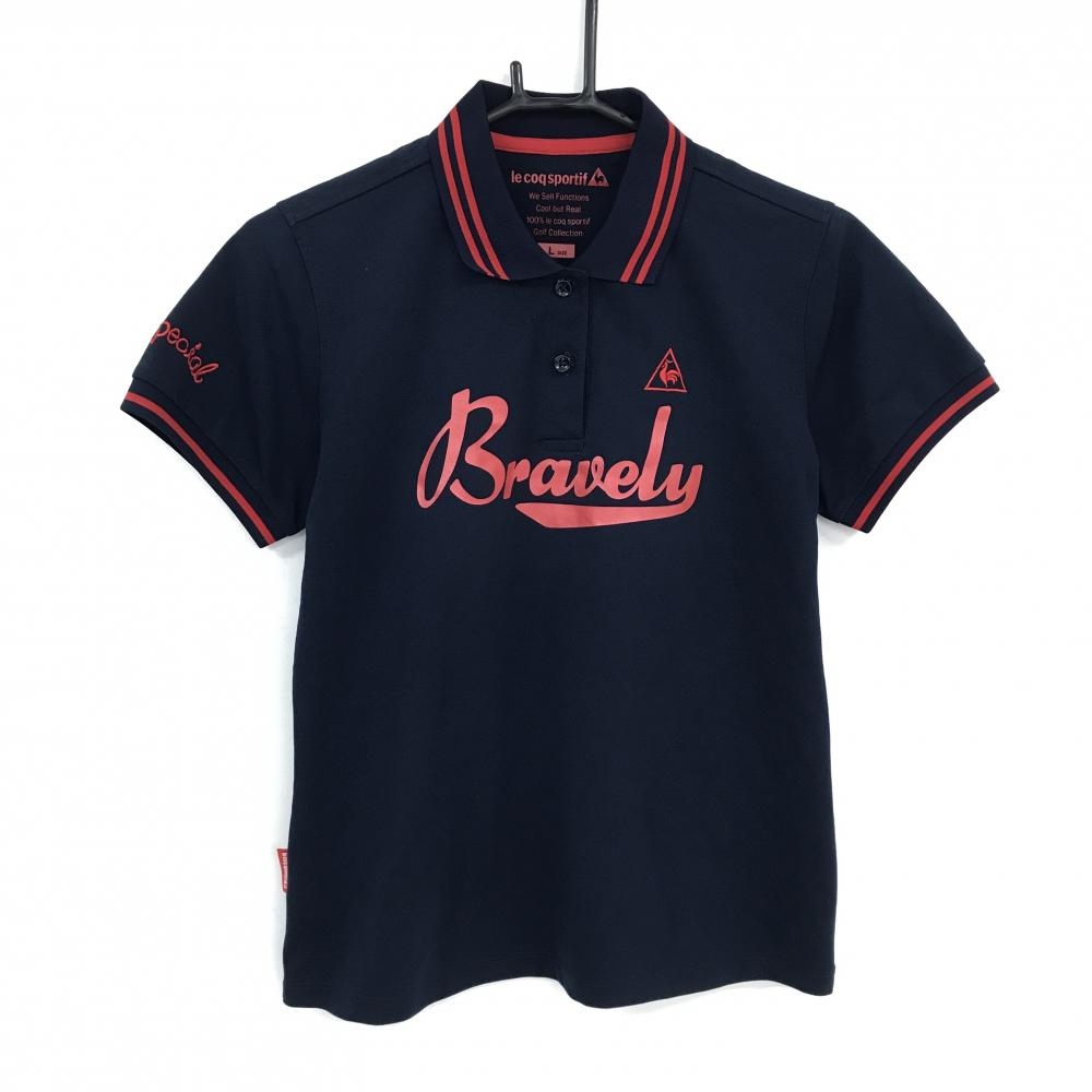 ルコックゴルフ 半袖ポロシャツ ネイビー×レッド 襟・袖ライン フロントロゴ レディース L ゴルフウェア le coq sportif