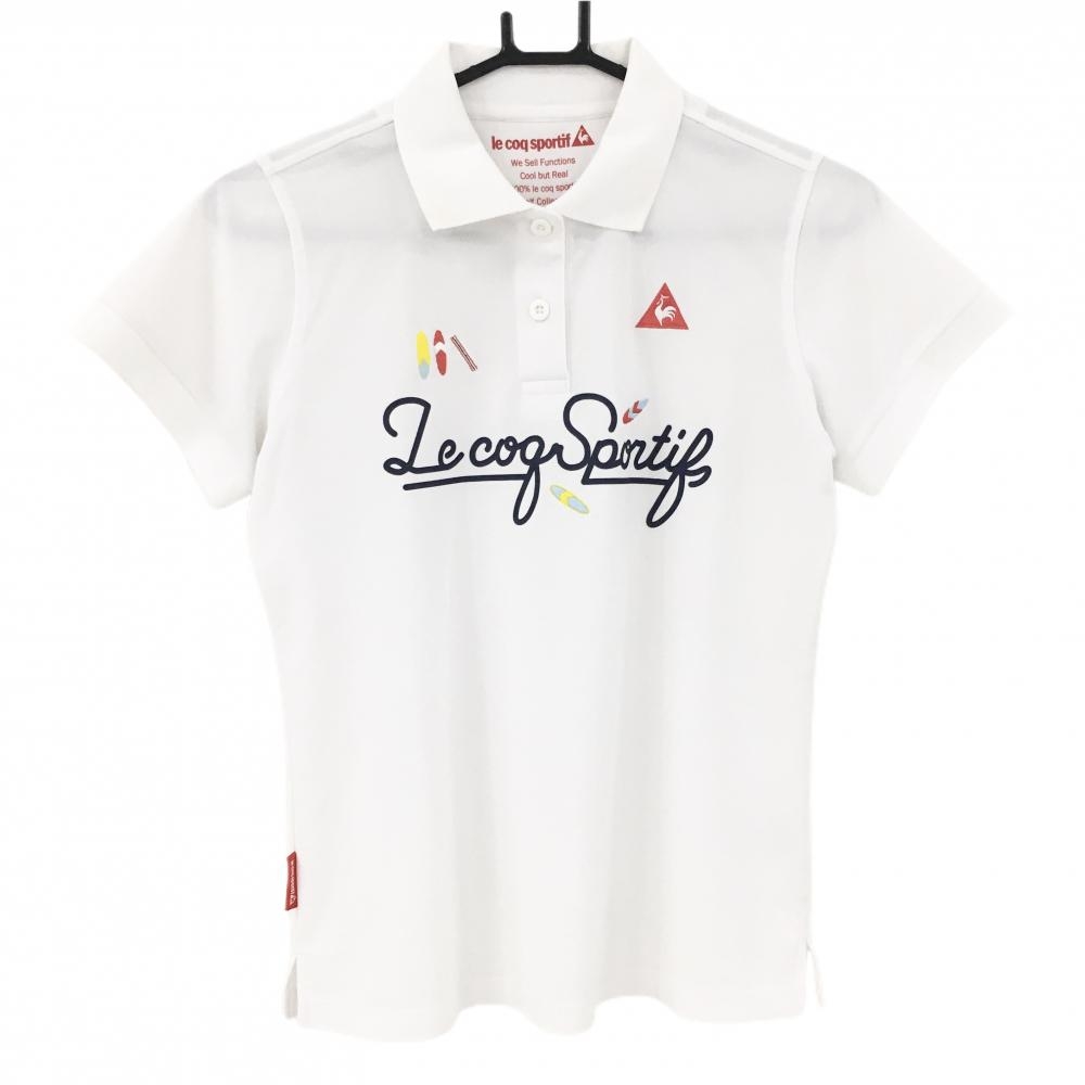 ルコックゴルフ 半袖ポロシャツ 白×ネイビー×レッド フロントロゴ レディース Ｌ ゴルフウェア le coq sportif