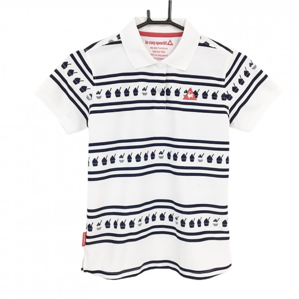 ルコックゴルフ 半袖ポロシャツ 白×ネイビー かき氷柄 ボーダー調 レディース M ゴルフウェア le coq sportif