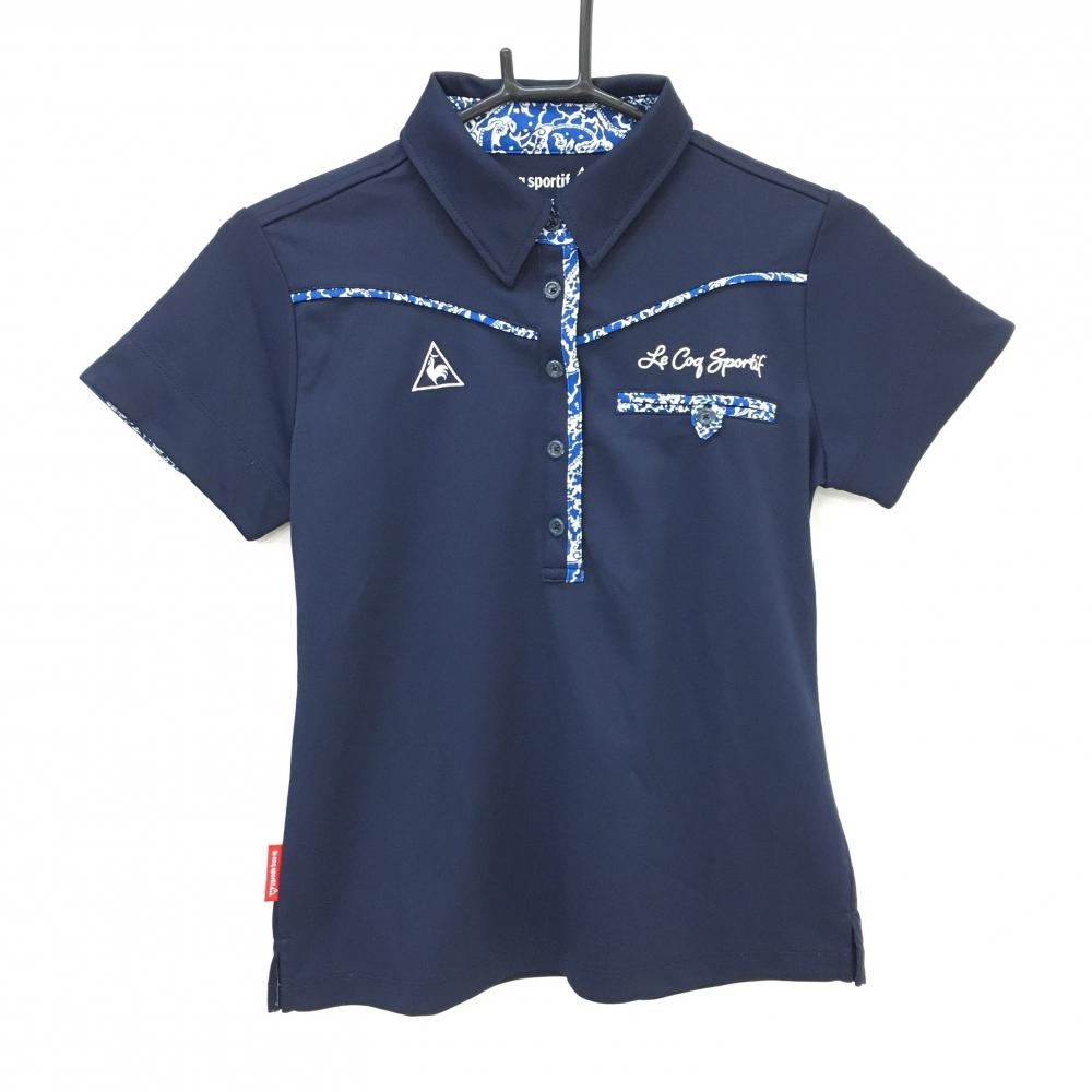 ルコックゴルフ 半袖ポロシャツ ネイビー×ブルー 一部柄 ロゴ刺しゅう レディース M ゴルフウェア le coq sportif