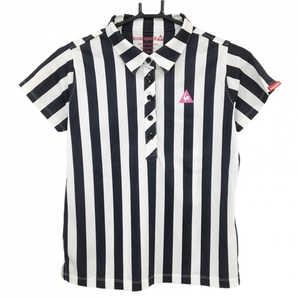ルコックゴルフ 半袖ポロシャツ 白×ネイビー ストライプ ロゴ刺しゅう レディース M ゴルフウェア le coq sportif