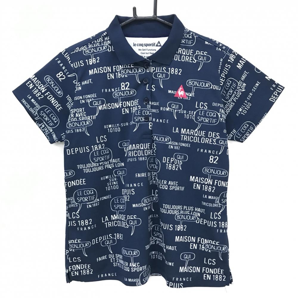 【超美品】ルコックゴルフ 半袖ポロシャツ ネイビー×白 総柄 ロゴ刺しゅう レディース LL ゴルフウェア le coq sportif