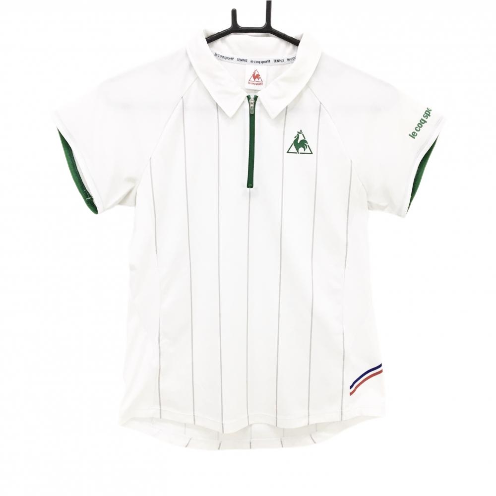 ルコック 半袖ポロシャツ 白×グレー×グリーン ストライプ ハーフジップ レディース L ゴルフウェア le coq sportif