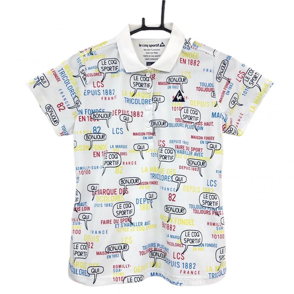 【美品】ルコックゴルフ 半袖ポロシャツ 白×マルチカラー 英字総柄 レディース LL ゴルフウェア le coq sportif