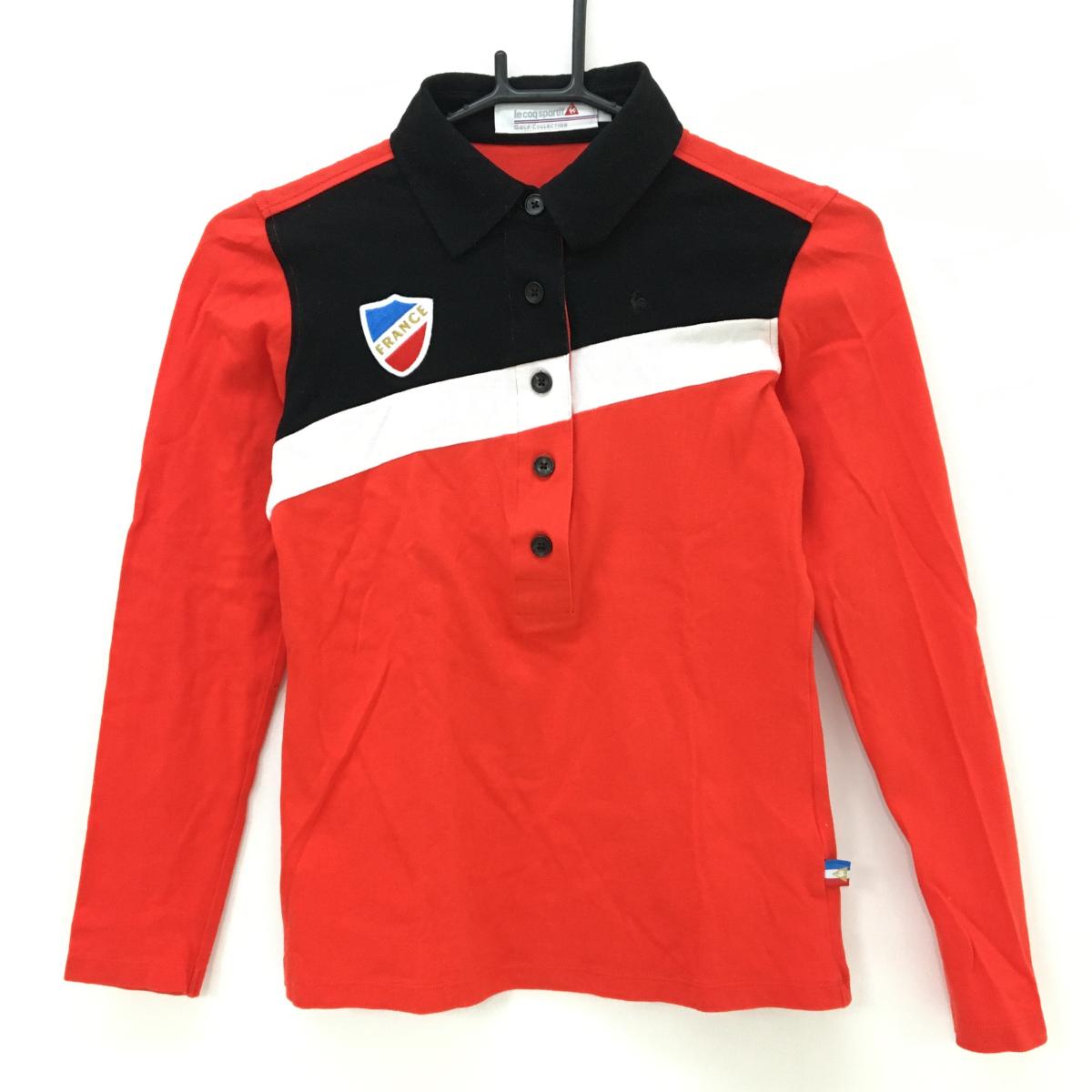 【美品】ルコックゴルフ 長袖ポロシャツ レッド×黒 ロゴ刺しゅう レディース M ゴルフウェア le coq sportif