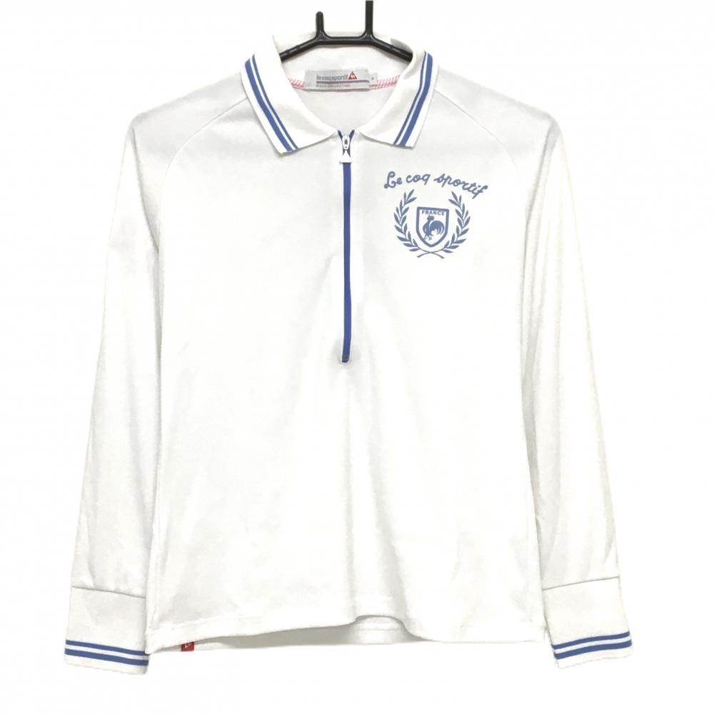 ルコックゴルフ 長袖ポロシャツ 白×ブルー 襟・袖ライン 胸元ロゴ ハーフジップ レディース M ゴルフウェア le coq sportif