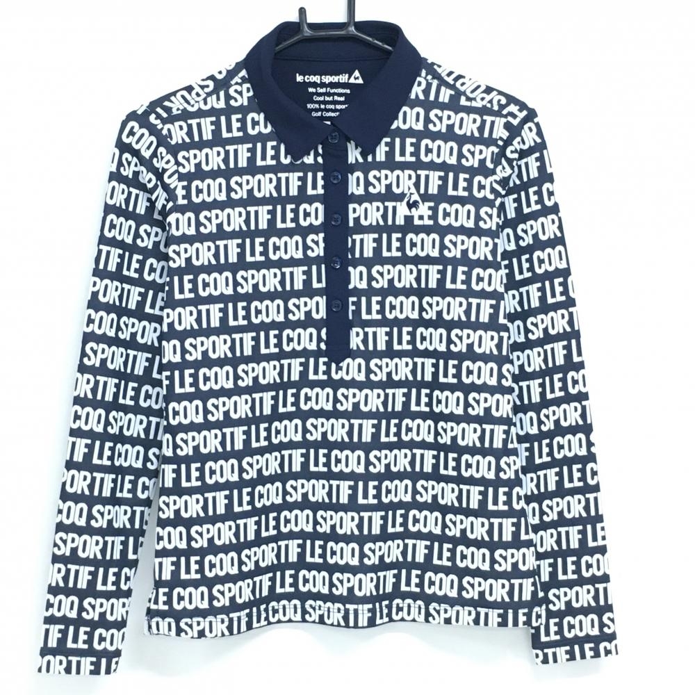 【超美品】ルコックゴルフ 長袖ポロシャツ ネイビー×白 ロゴ英字総柄 レディース M ゴルフウェア le coq sportif