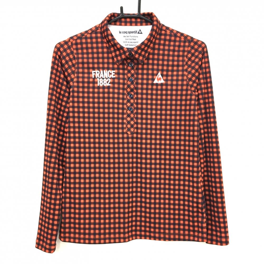 【超美品】ルコックゴルフ 長袖ポロシャツ オレンジ×ネイビー チェック柄 ロゴ刺しゅう  レディース L ゴルフウェア le coq sportif
