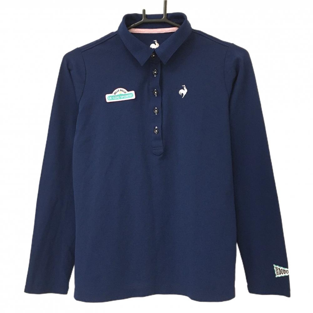 【超美品】ルコックゴルフ 長袖ポロシャツ ネイビー×白 胸元ロゴ ワッペン レディース L ゴルフウェア le coq sportif