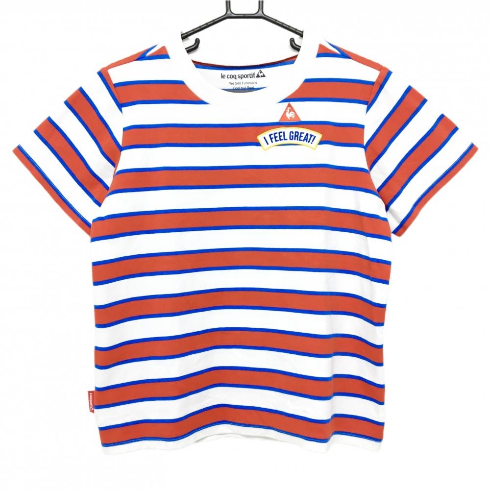 【美品】ルコックゴルフ 半袖Tシャツ 白×レッド×ブルー ボーダー 厚手 レディース LL ゴルフウェア le coq sportif
