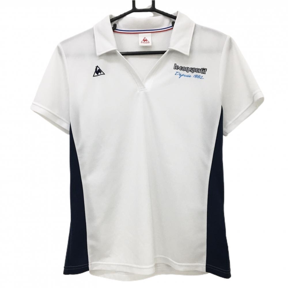 【美品】ルコック 半袖スキッパーシャツ 白×ネイビー ロゴ刺しゅう レディース O ゴルフウェア le coq sportif