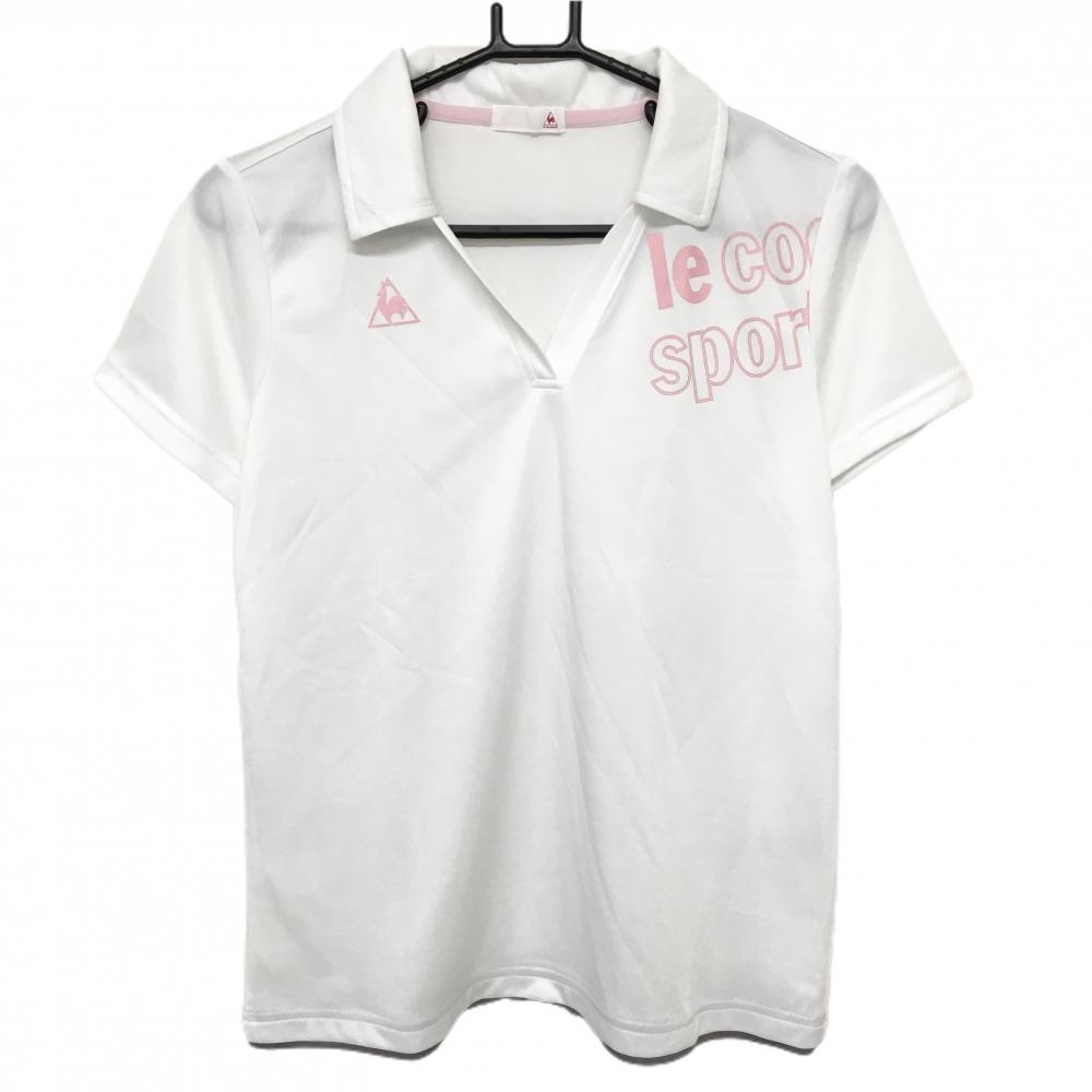 ルコック 半袖スキッパーシャツ 白×ピンク ロゴプリント  レディース L ゴルフウェア le coq sportif