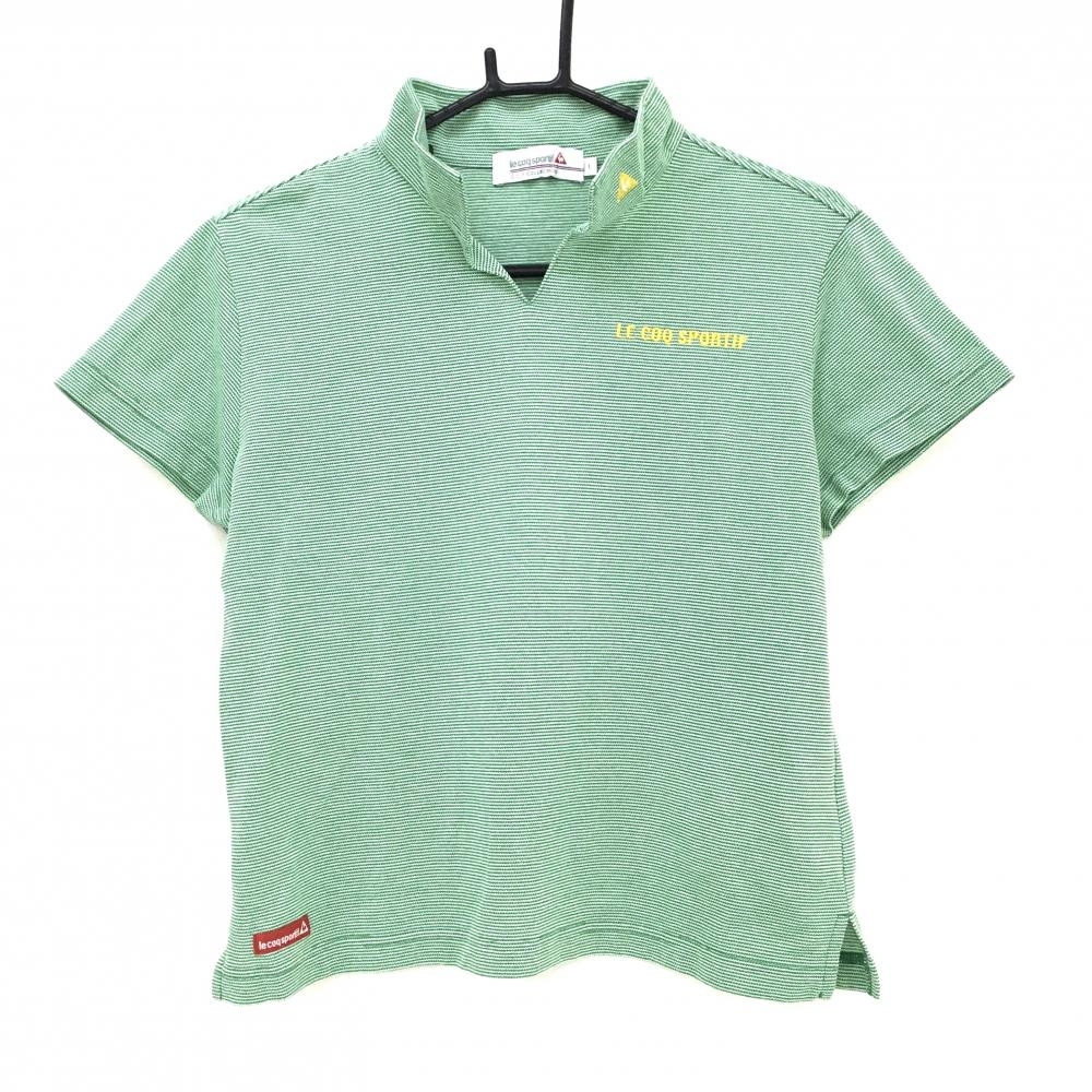 【美品】ルコックゴルフ 半袖スキッパーシャツ グリーン×白 細ボーダー ロゴイエロー レディース L ゴルフウェア le coq sportif