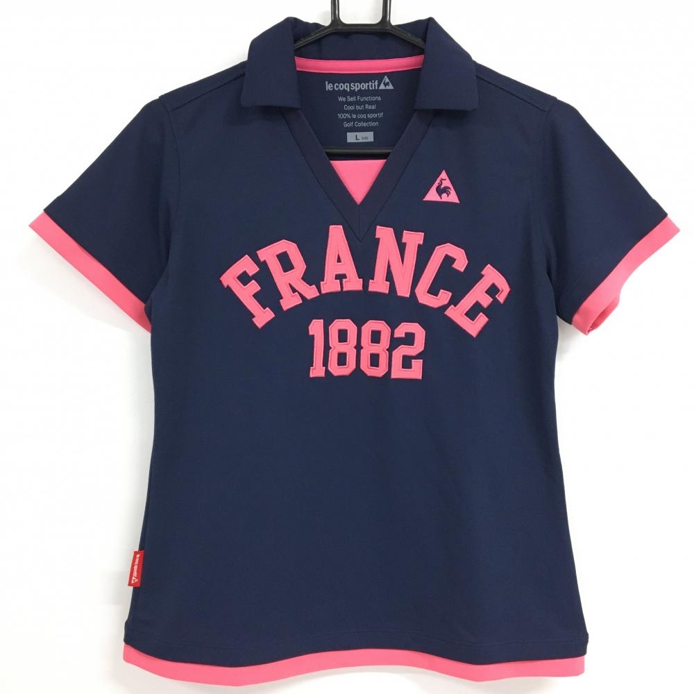 【超美品】ルコックゴルフ 襟付き半袖シャツ ネイビー×ピンク ロゴ刺しゅう レディース L ゴルフウェア le coq sportif